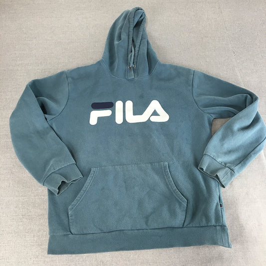 FILA Mens Hoodie Sweater Size M Blue Big Logo Pockets Pullover Jumper