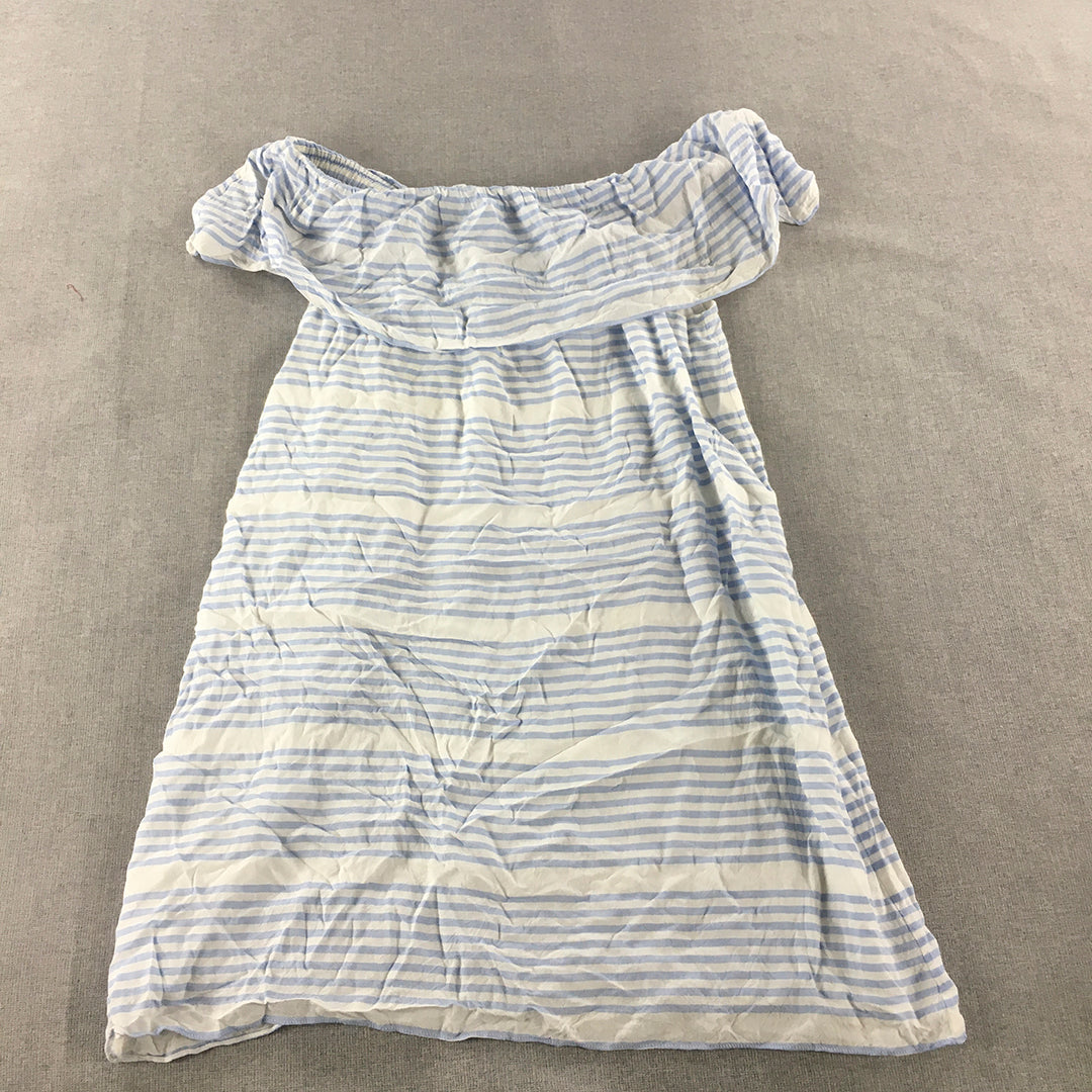 Witchery Womens Mini Dress Size 10 White Blue Striped Off The Shoulder A-Line