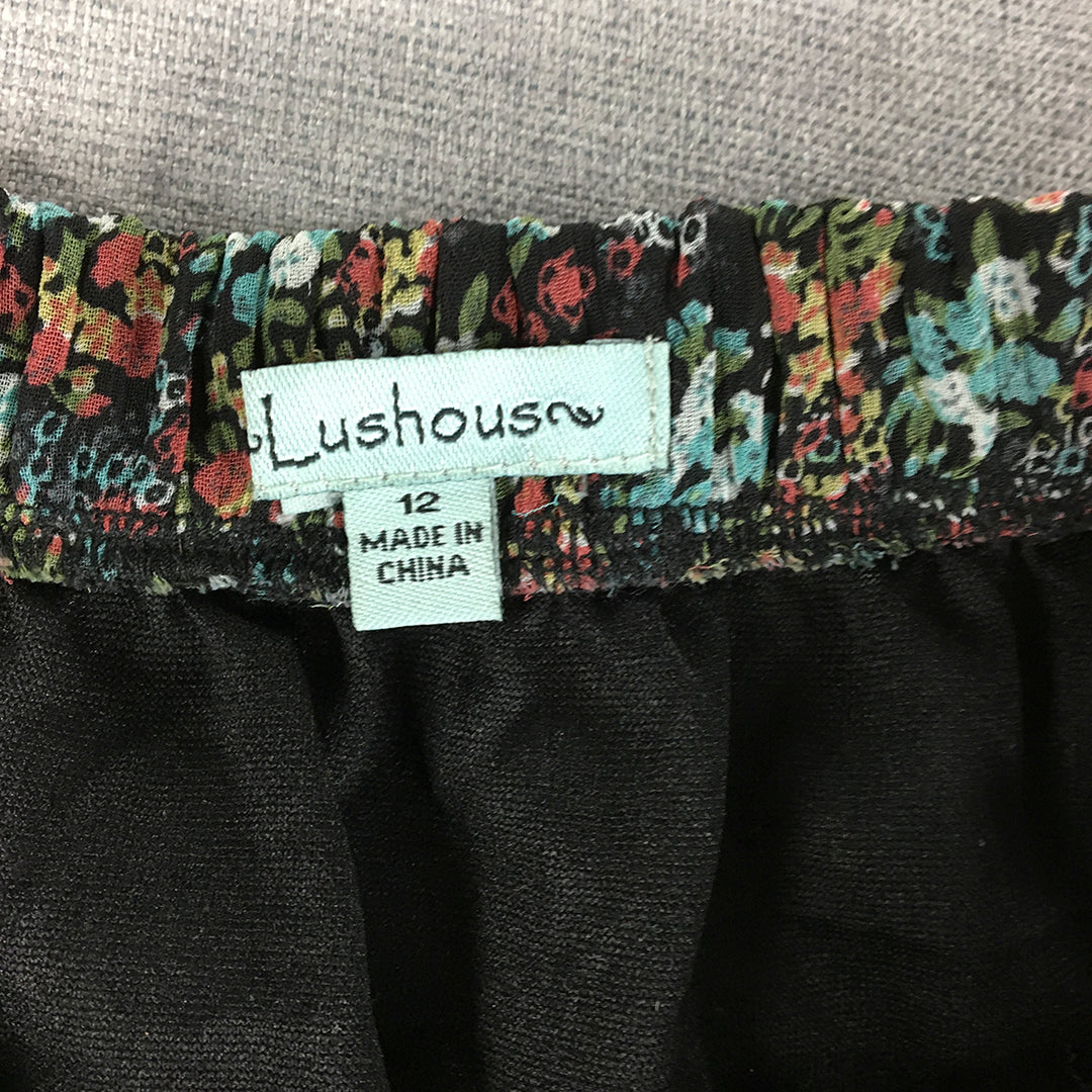 Lushous Womens Mini Skirt Size 12 Black Blue Floral Tiered Layered