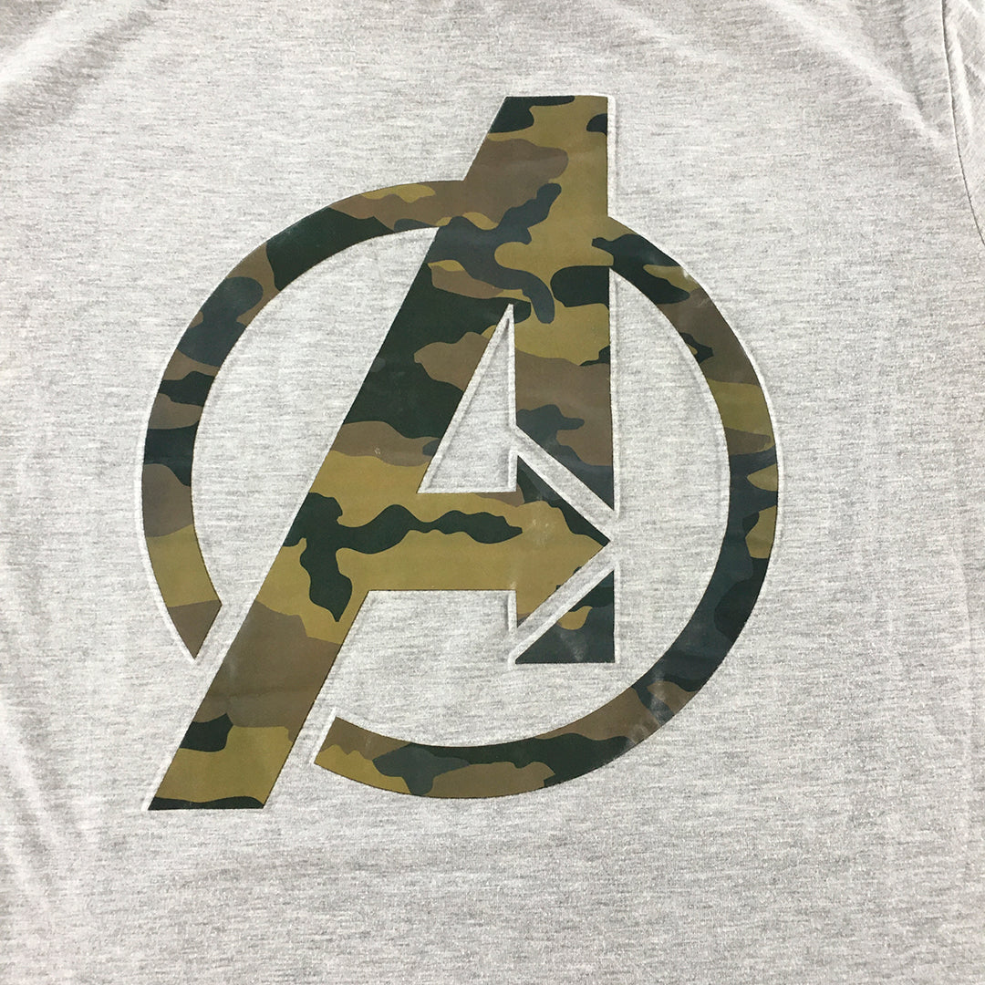 Marvel Avengers Mens T-Shirt Size L Grey Camo Logo Short Sleeve Tee