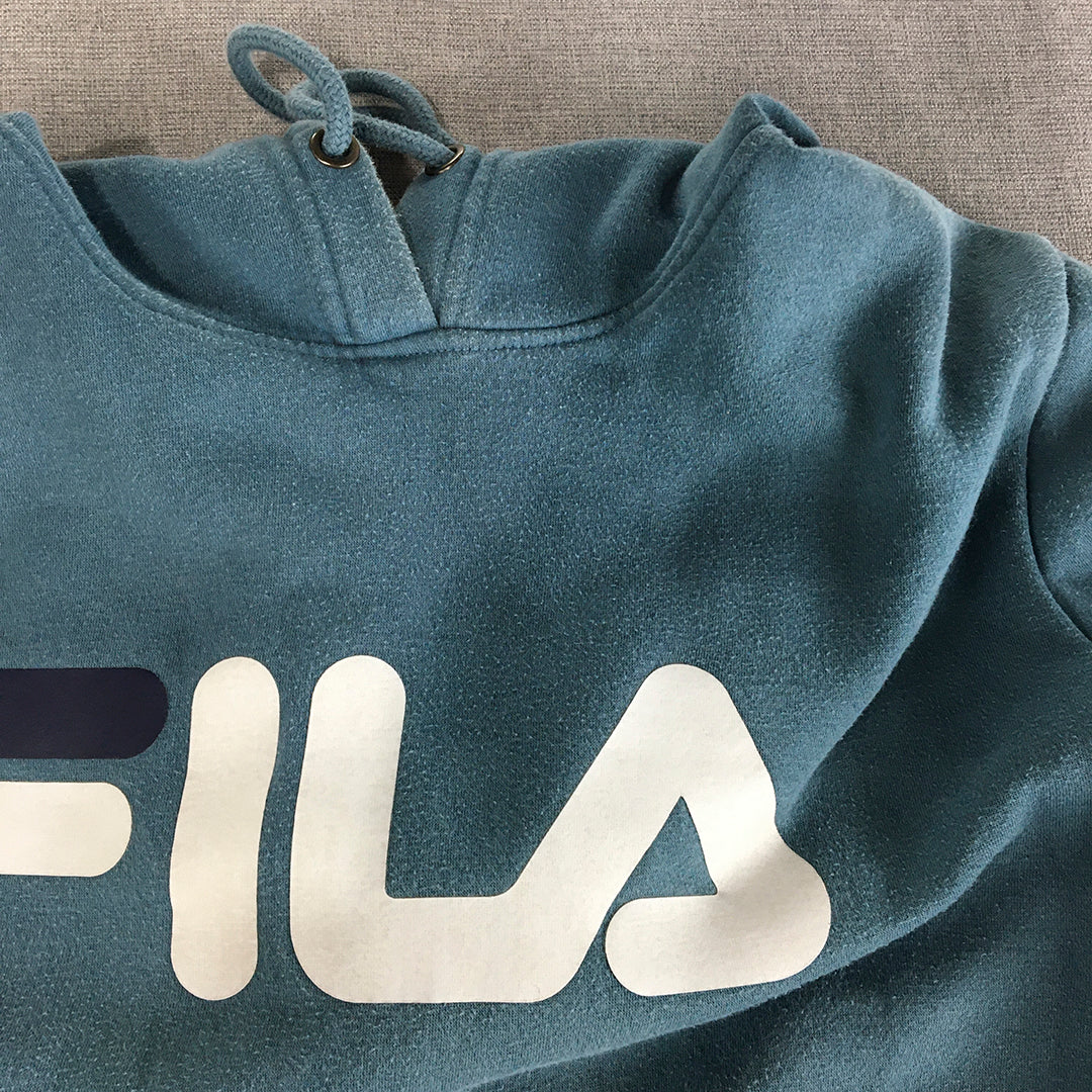 FILA Mens Hoodie Sweater Size M Blue Big Logo Pockets Pullover Jumper