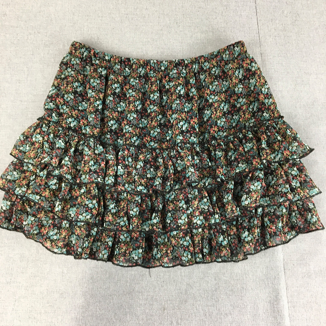 Lushous Womens Mini Skirt Size 12 Black Blue Floral Tiered Layered