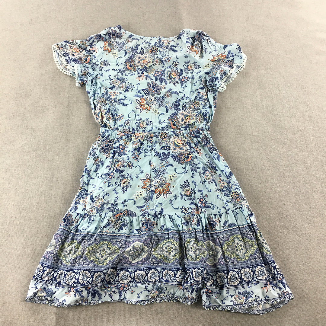 Miracle Womens Mini Dress Size 8 Blue Floral Fit & Flare Short Sleeve Button