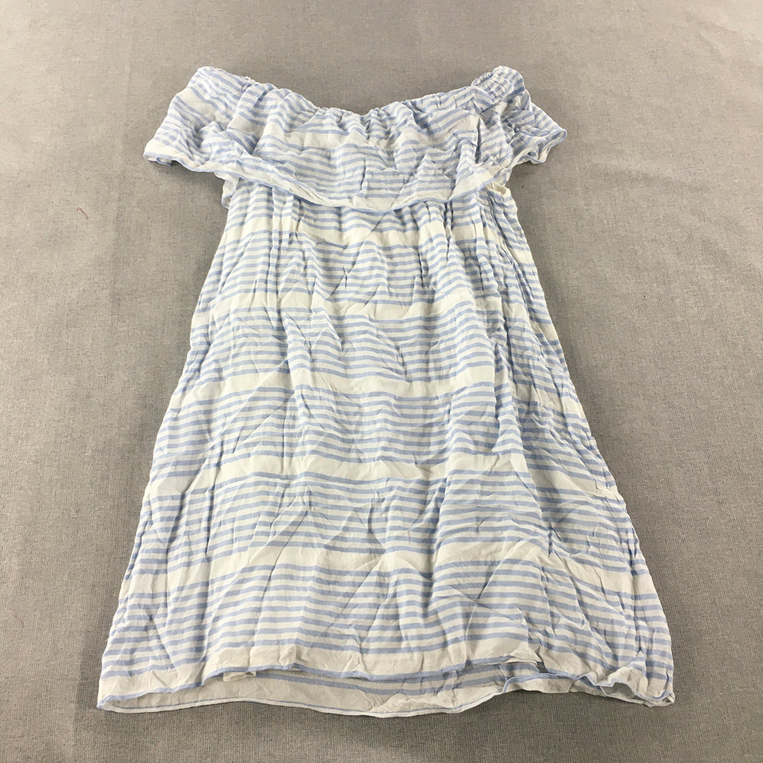 Witchery Womens Mini Dress Size 10 White Blue Striped Off The Shoulder A-Line