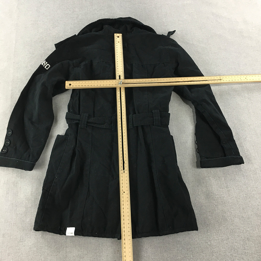 Chino Kids Girls Pea Coat Size 12 Years Black Belted Trench Collared