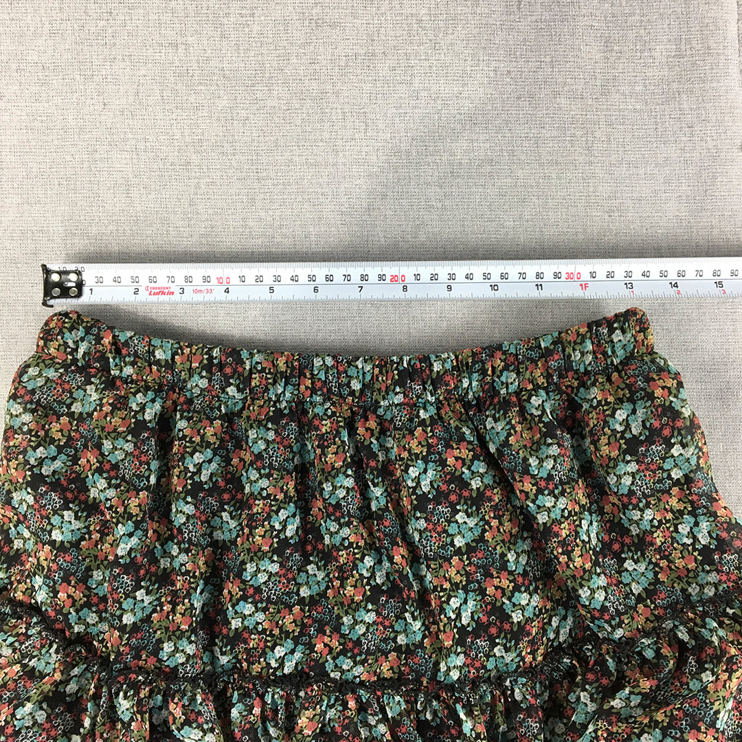 Lushous Womens Mini Skirt Size 12 Black Blue Floral Tiered Layered