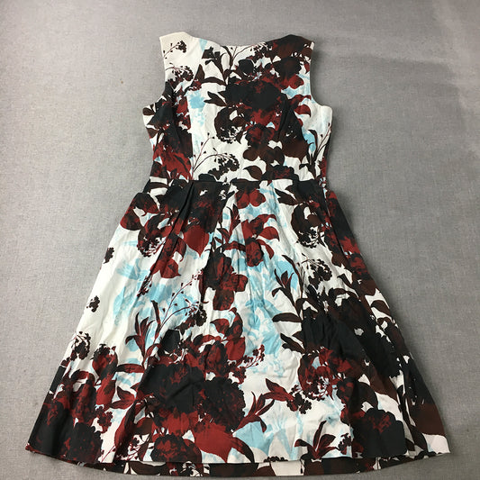 Cue In The City Womens A-Line Dress Size 8 White Red Black Floral Pleated Mini