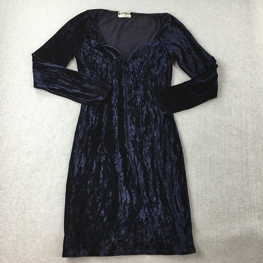 Vintage 80s Miss Selfridge Womens Velvet Dress Size 8 Blue Stretch Mini