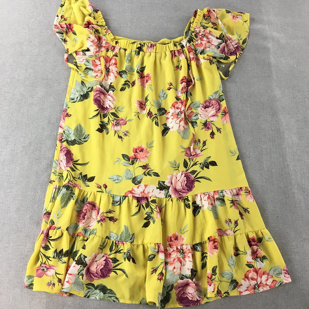 Teeze Me Womens Tiered Mini Dress Size L Yellow Floral Square Neckline Stretch