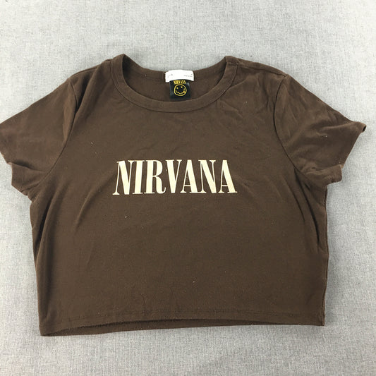 Nirvana Womens Cropped T-Shirt Size XL Brown Rock Band Logo Top