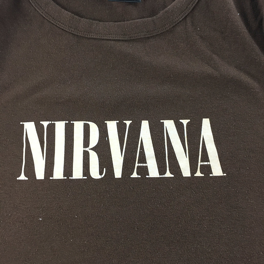 Nirvana Womens Cropped T-Shirt Size XL Brown Rock Band Logo Top