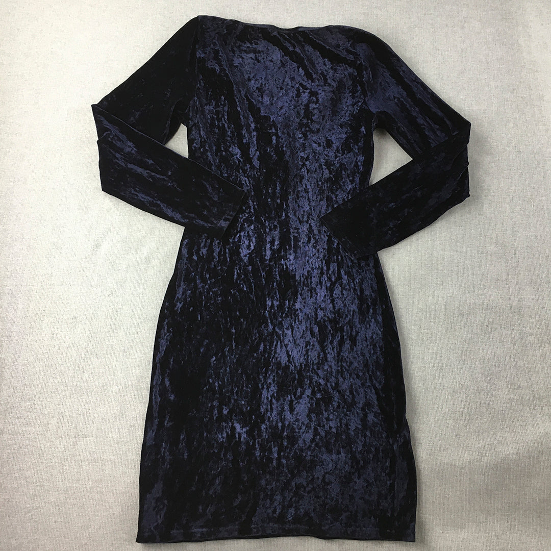 Vintage 80s Miss Selfridge Womens Velvet Dress Size 8 Blue Stretch Mini