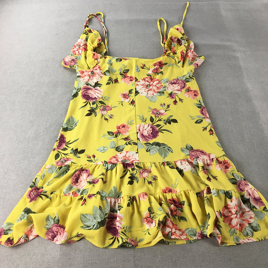 Teeze Me Womens Tiered Mini Dress Size L Yellow Floral Square Neckline Stretch