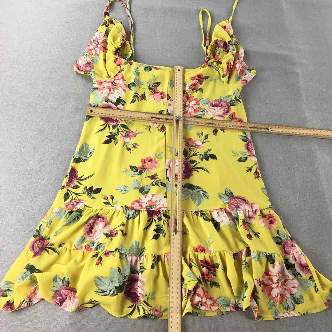 Teeze Me Womens Tiered Mini Dress Size L Yellow Floral Square Neckline Stretch