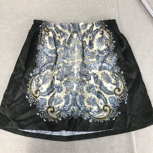 H&M Womens Mini Skirt Size L Balck Blue Paisley Elastic Waist