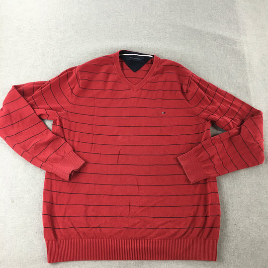 Tommy Hilfiger Mens Knit Sweater Size S Red Striped V-Neck Logo Jumper