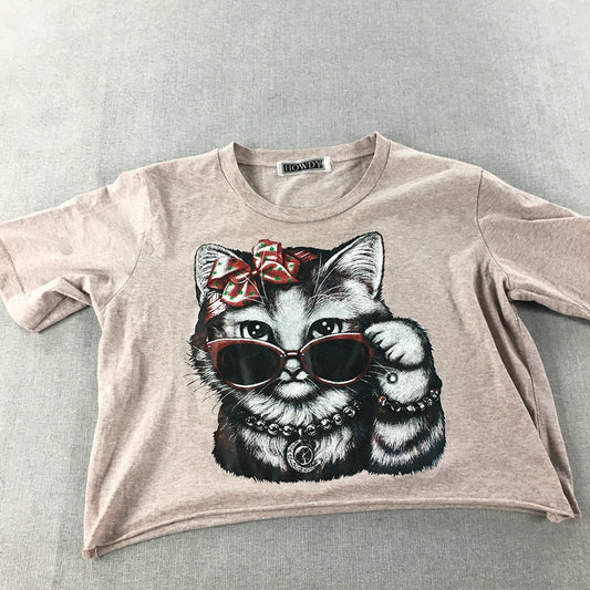 Howdy Womens Cropped T-Shirt Size M Pink Cat Kitten Short Sleeve Top