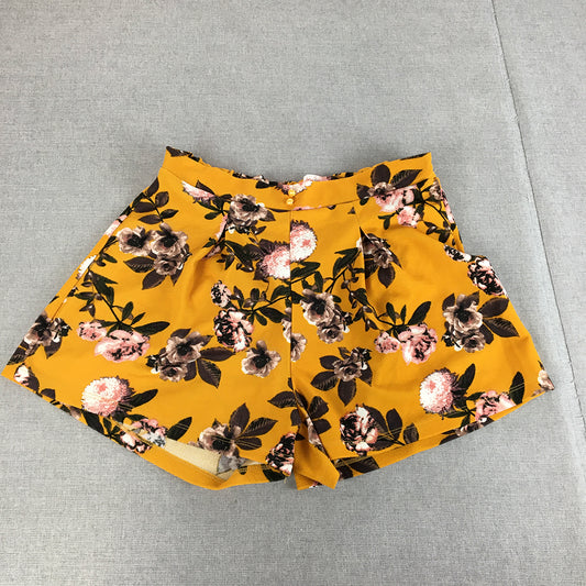 Valleygirl Womens Shorts Size 10 Yellow Floral Pleated Elastic Waist