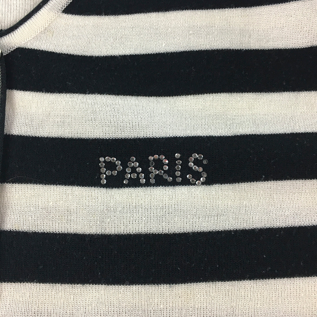 Paris Womens Cardigan Sweater Size L White Navy Blue Diamante Logo