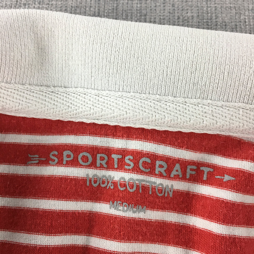 Sportscraft Mens Polo Shirt Size M Red White Striped Collared Rugby Short Sleeve