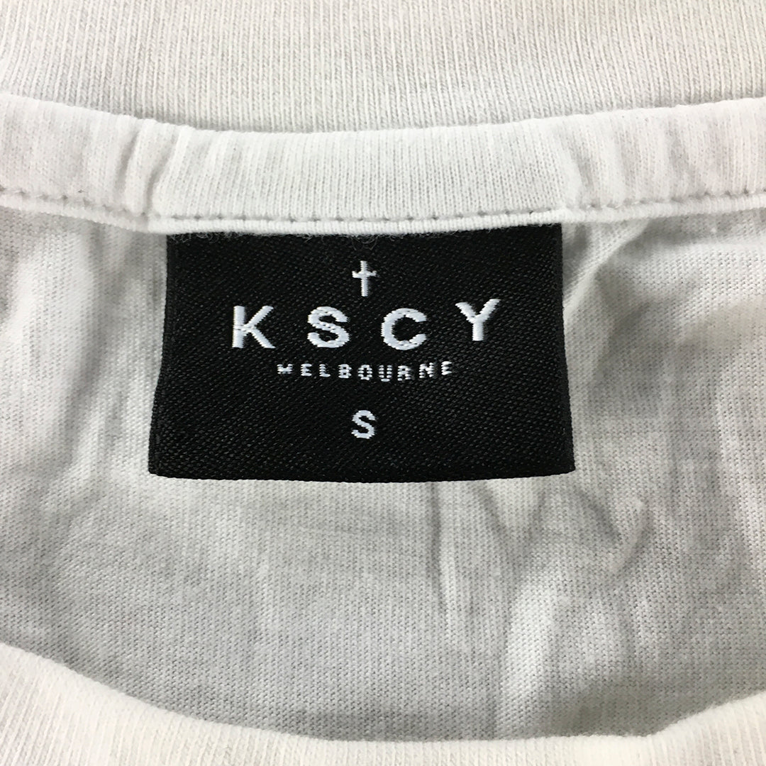 KSCY Mens T-Shirt Size S White Logo Short Sleeve Crew Neck Tee