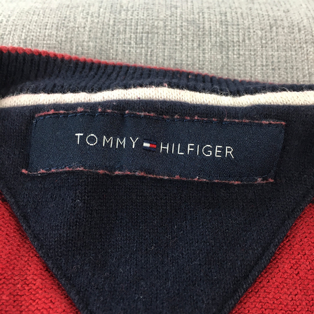 Tommy Hilfiger Mens Knit Sweater Size S Red Striped V-Neck Logo Jumper