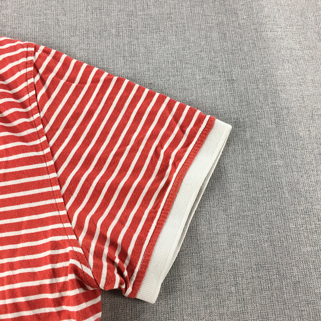 Sportscraft Mens Polo Shirt Size M Red White Striped Collared Rugby Short Sleeve