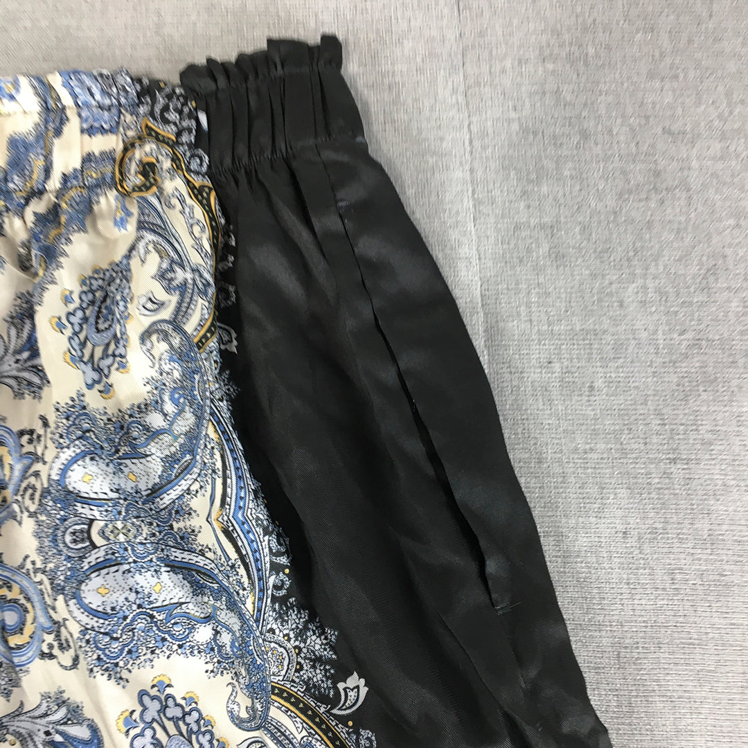 H&M Womens Mini Skirt Size L Balck Blue Paisley Elastic Waist