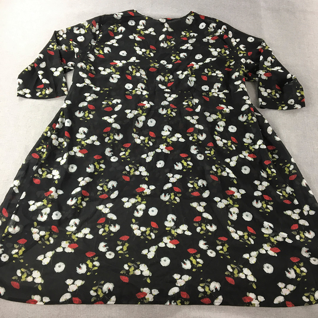 Cordelia St Womens A-Line Dress Size 20 Black Floral Midi Short Sleeve