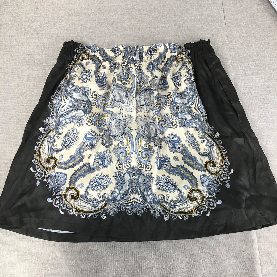 H&M Womens Mini Skirt Size L Balck Blue Paisley Elastic Waist