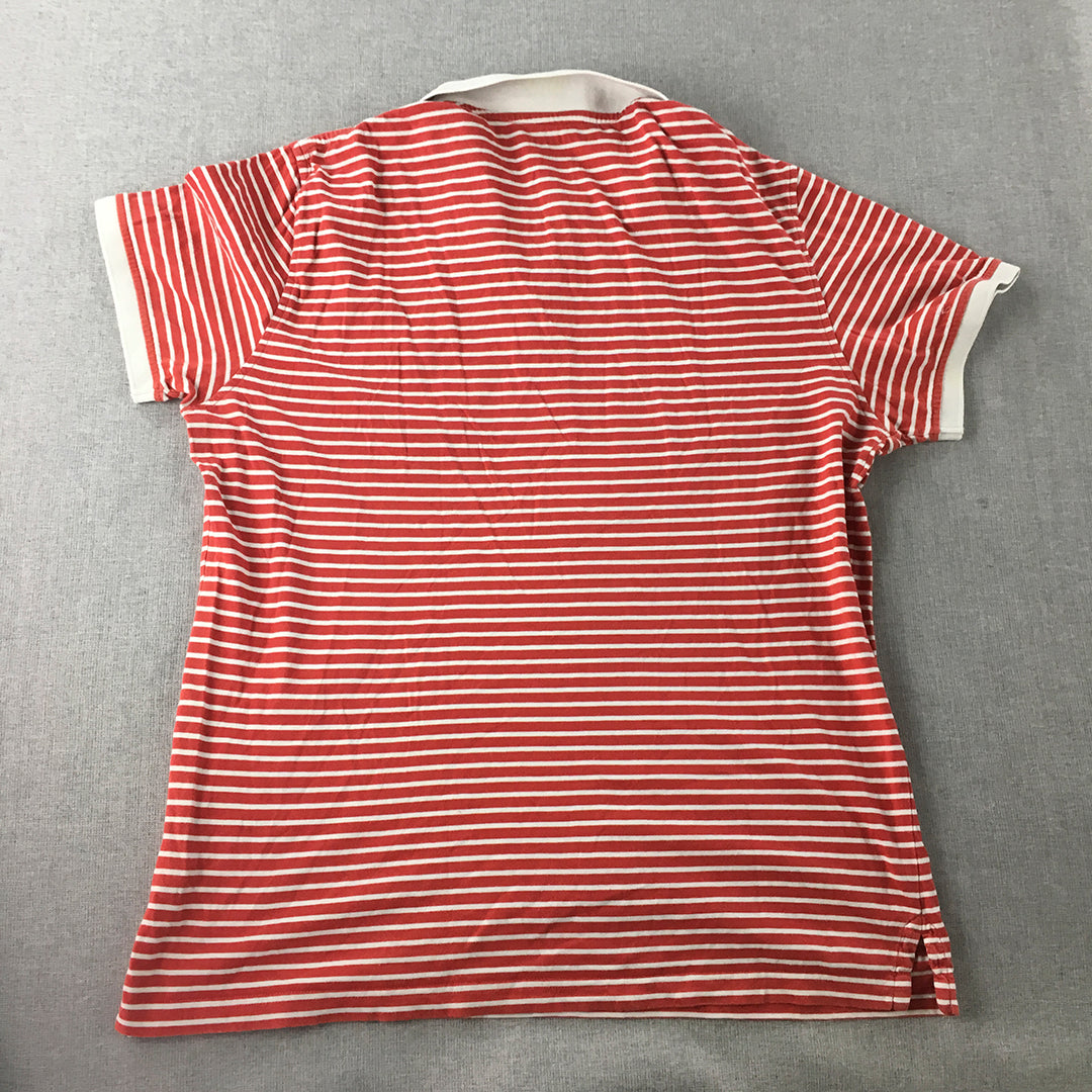 Sportscraft Mens Polo Shirt Size M Red White Striped Collared Rugby Short Sleeve