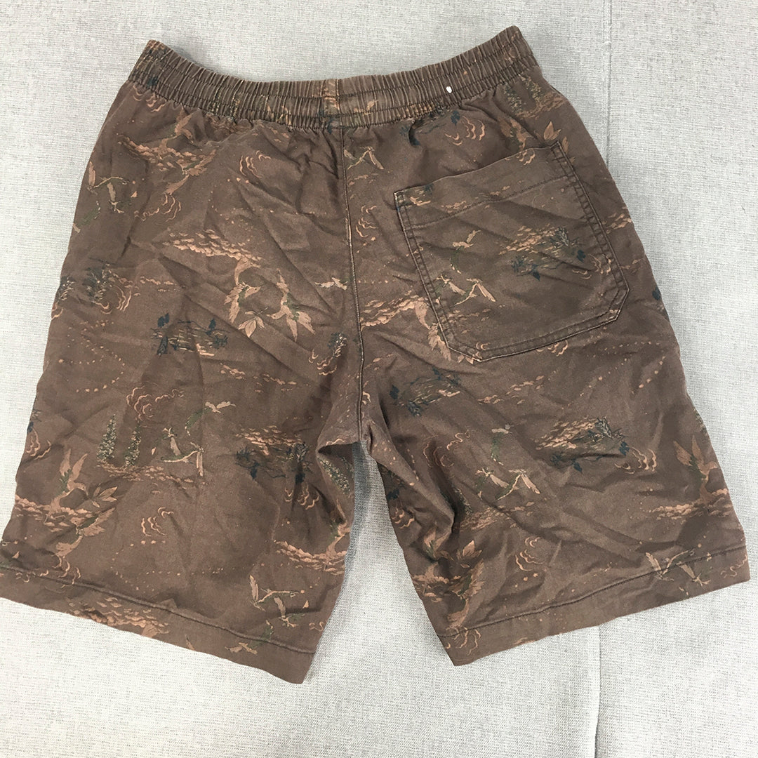 Uniqlo Mens Shorts Size XS Brown Sea Bird Pattern Elastic Waist Pockets