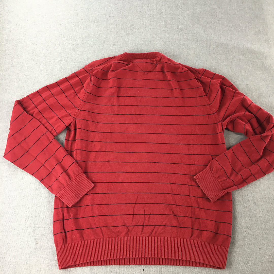 Tommy Hilfiger Mens Knit Sweater Size S Red Striped V-Neck Logo Jumper