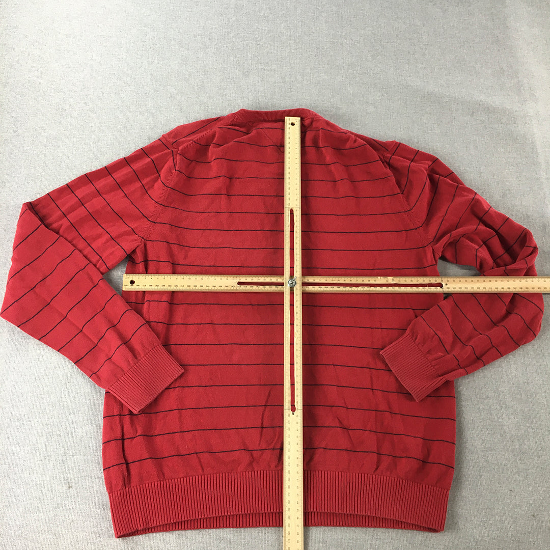 Tommy Hilfiger Mens Knit Sweater Size S Red Striped V-Neck Logo Jumper