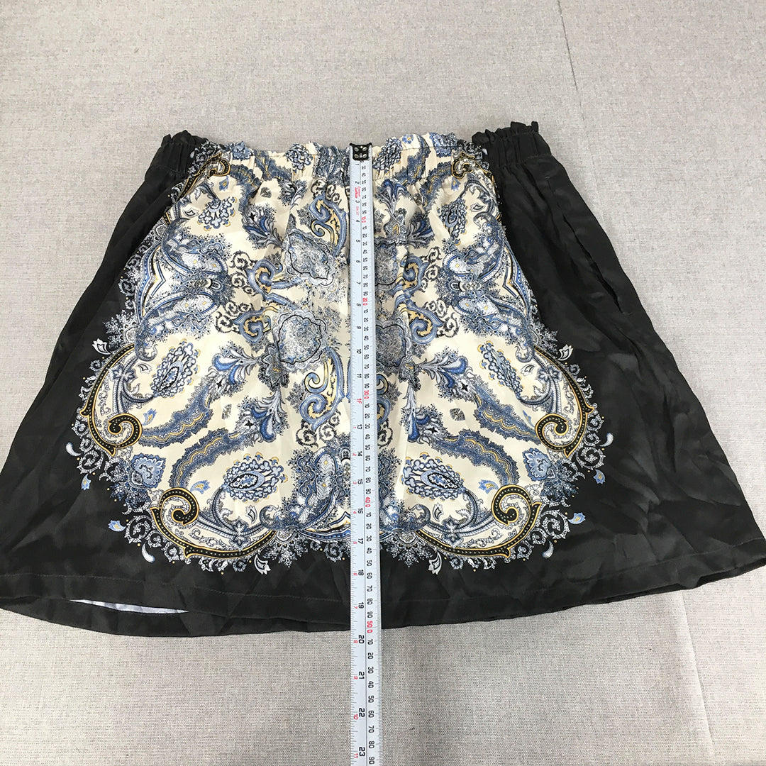 H&M Womens Mini Skirt Size L Balck Blue Paisley Elastic Waist