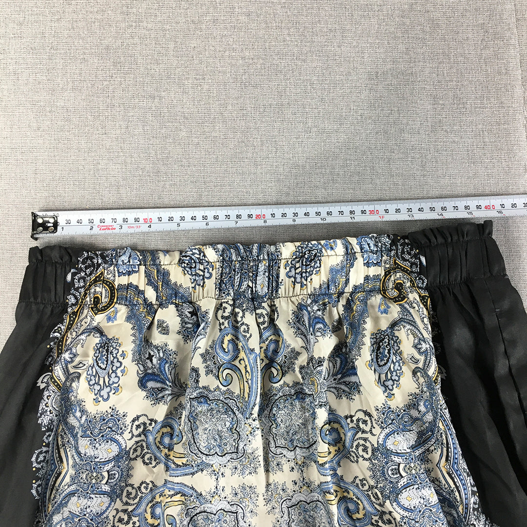 H&M Womens Mini Skirt Size L Balck Blue Paisley Elastic Waist