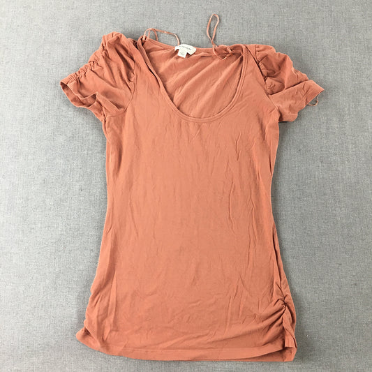 Witchery Womens T-Shirt Size S Peach Orange Ruched Sleeves Top