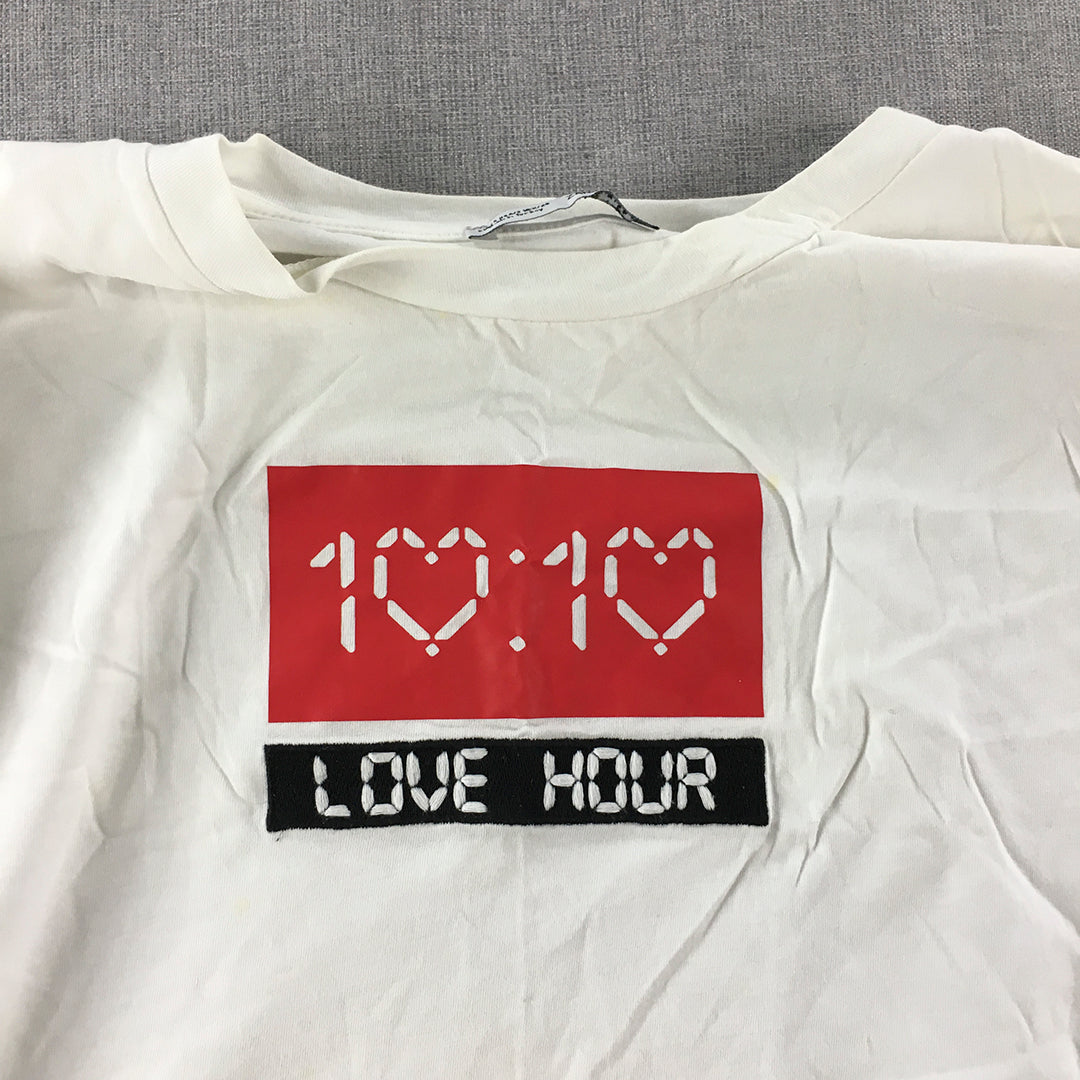 Zara Womens T-Shirt Size S White Love Hour Digital Clock Graphic Short Sleeve