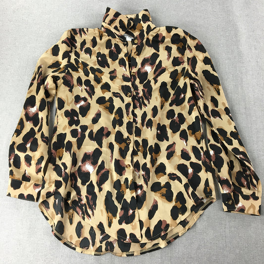 Polly Womens Top Size 8 Brown Leopard Print Long Sleeve Button-Up Shirt