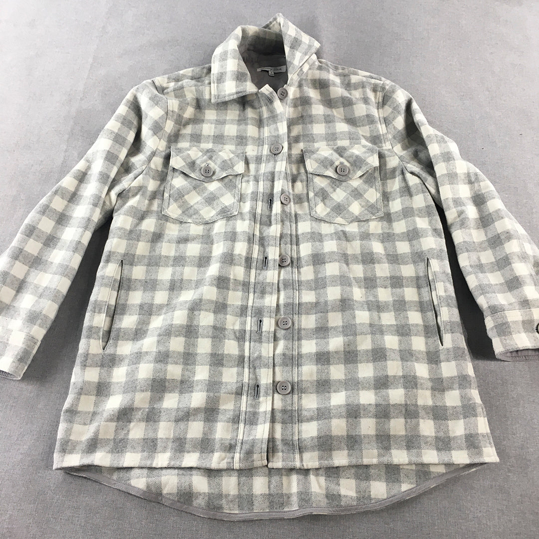 Emory Park Womens Wool Flannel Shirt Dress Size S Grey White Checkered Mini