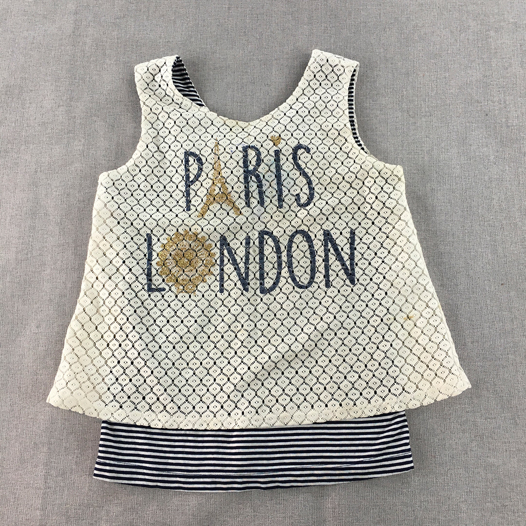 Lily Bleu Kids Girls Top Size 7 - 8 Years Paris London White Blue Sleeveless