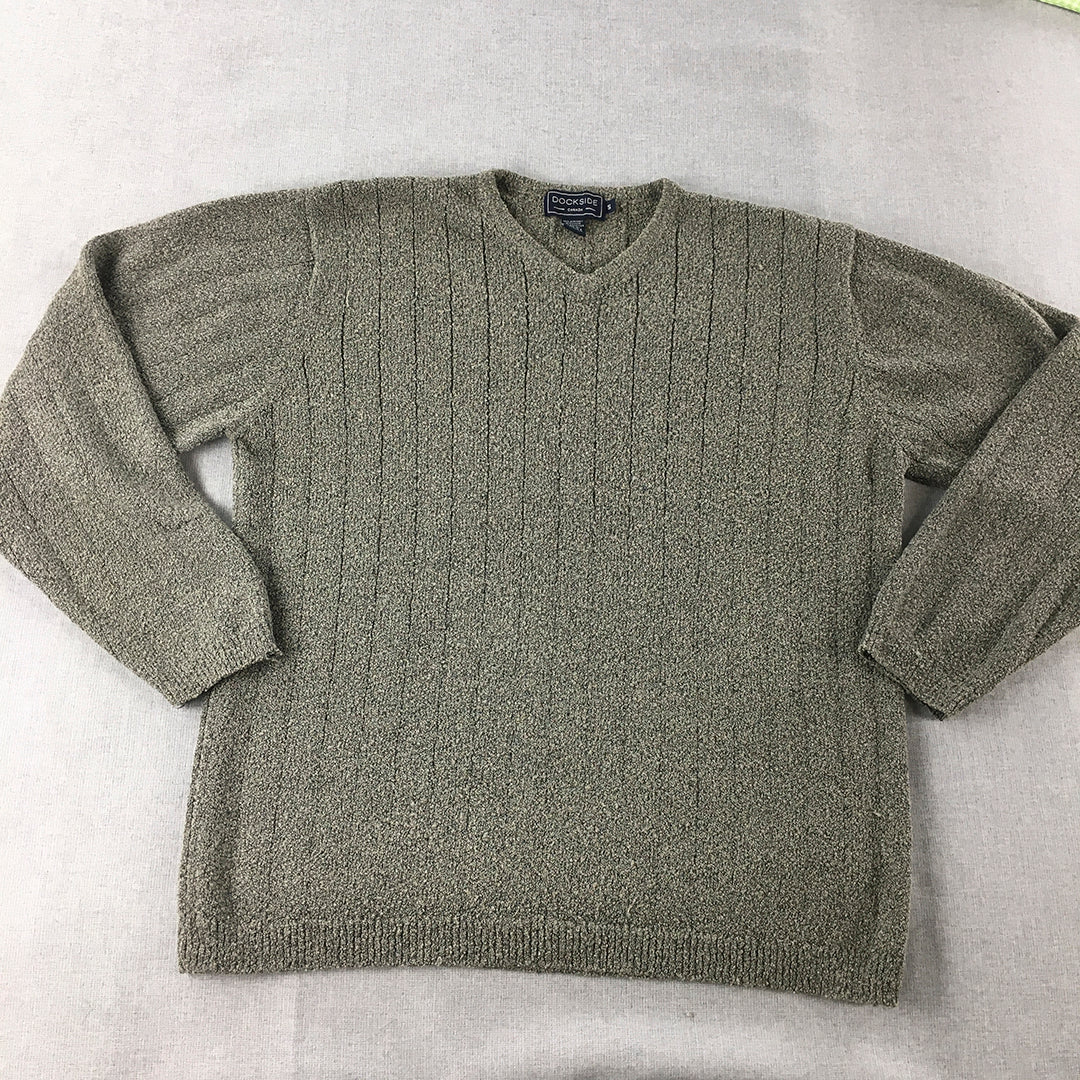 Dockside Mens Fleece Knit Sweater Size S Grey V-Neck Pullover Jumper