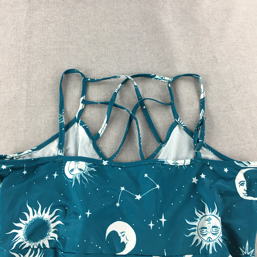 Dressfo Womens Mini Dress Size 18 Blue Star Sun Moon Pattern Sleeveless