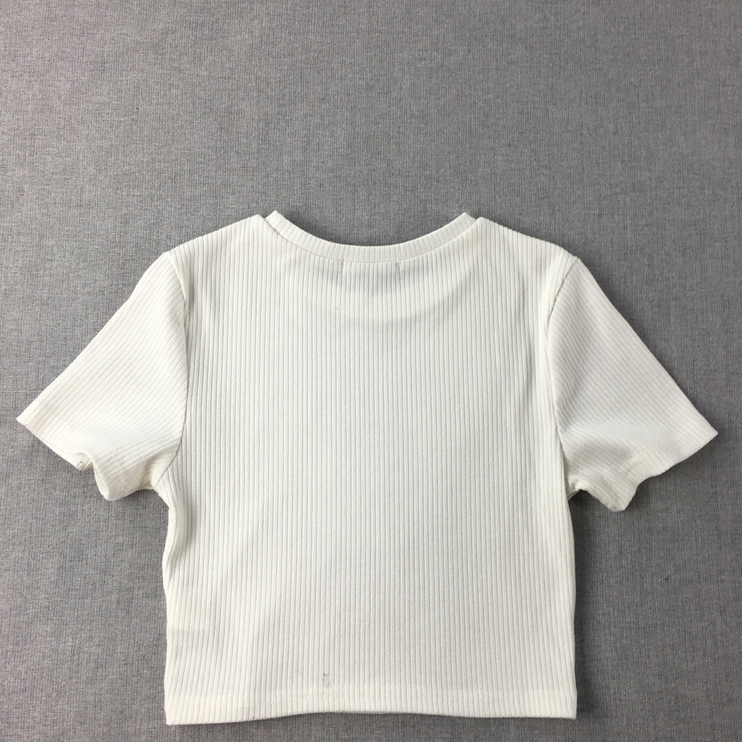 Thanne Womens Cropped Top Size 8 White Short Sleeve Stretch Fabric Shirt