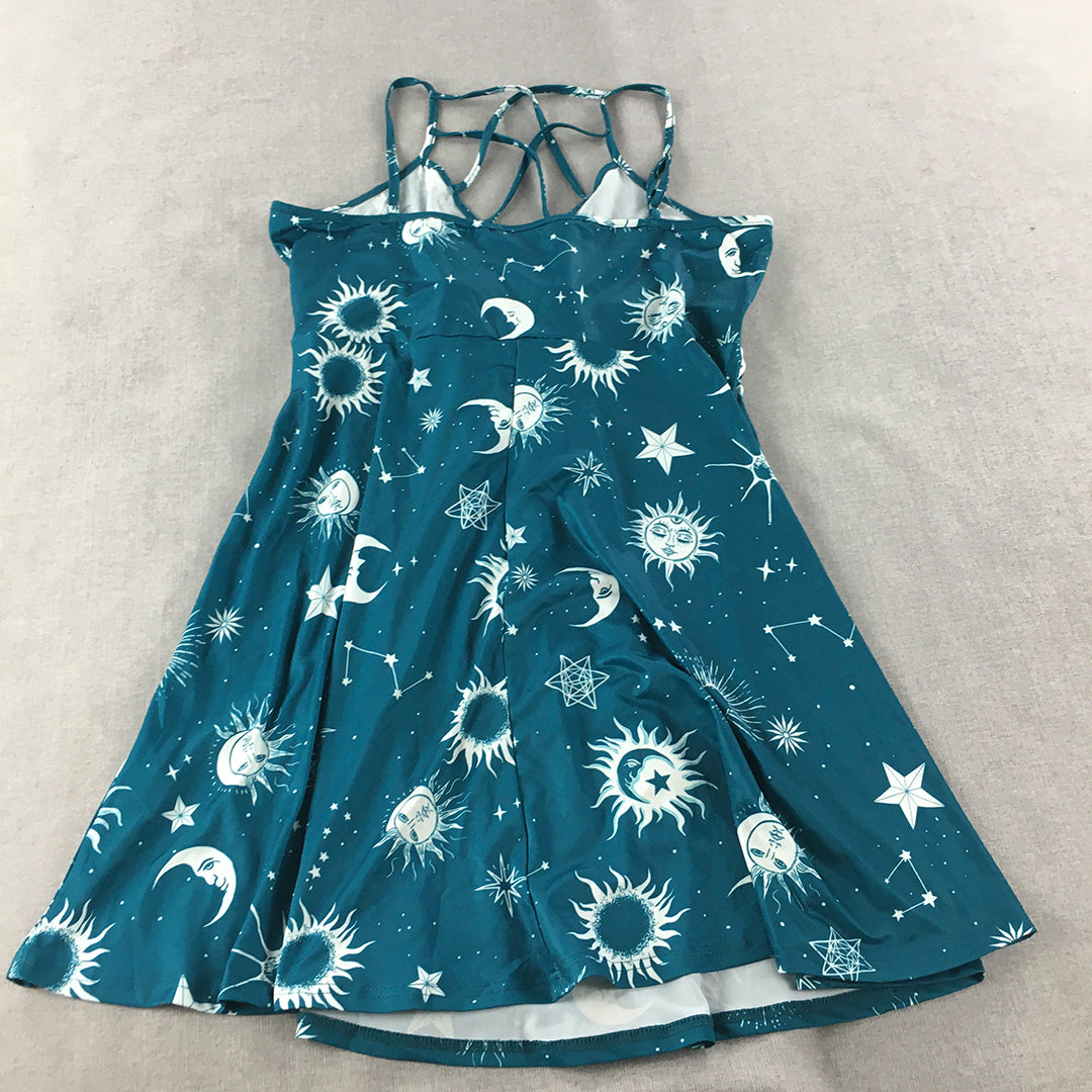 Dressfo Womens Mini Dress Size 18 Blue Star Sun Moon Pattern Sleeveless