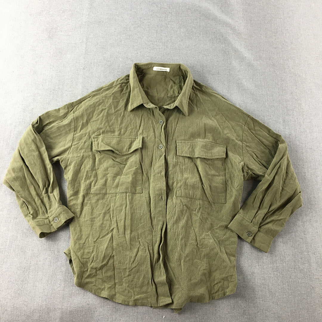 Luxe Service Womens Top Size M Khaki Green Button-Up Pockets Shirt