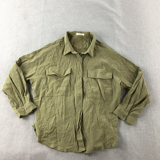 Luxe Service Womens Top Size M Khaki Green Button-Up Pockets Shirt