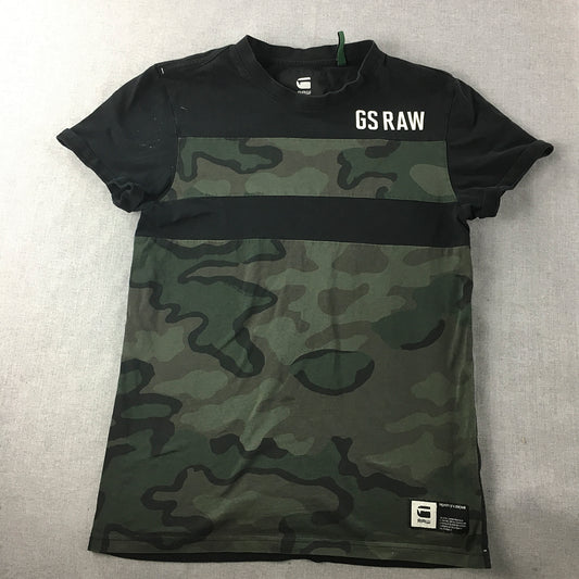 G-Star Raw Mens T-Shirt Size S Black & Camo Green Logo Crew Neck Tee