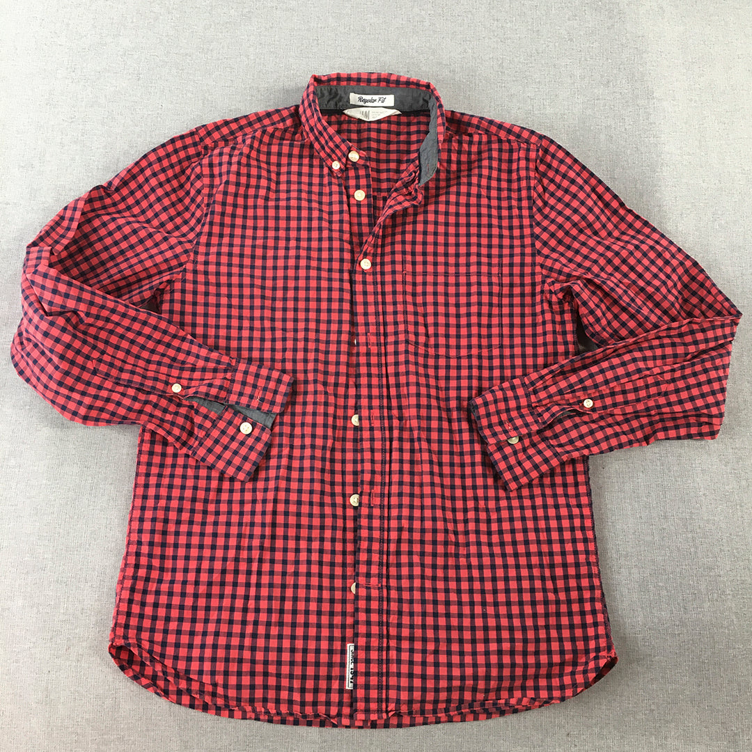 H&M Kids Boys Shirt Size 12 - 13 Years Red Checkered Long Sleeve Button-Up