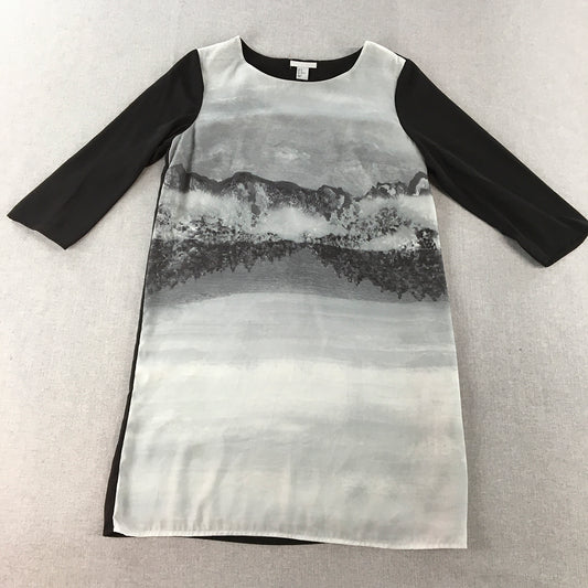 H&M Womens Shirt Dress Size 10 Black White Mini Mountain Lake Landscape